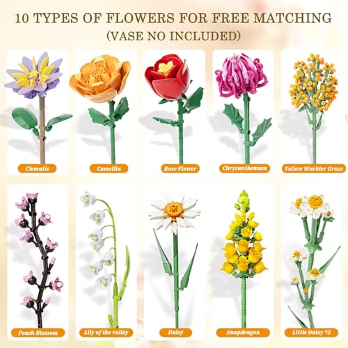 Flowers Bouquet Building Set, 1070PCS Wildflower Botanical Collection, Artificial Plant Flower Kit Toy for Adults Kids Women Her, Home Decor Gift for Birthday, Christmas, Valentines(No Vase) - image 5