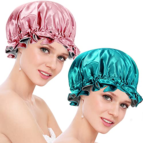 2 Pieces Satin Bonnet Cap Double-Layer Sleep Cap Adjustable Large Satin Bonnet Solid Color Night Sleep Caps for Women Girls Night Sleeping (Pink, Blue)