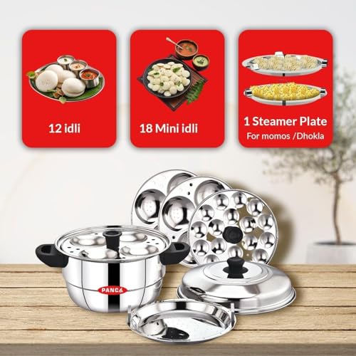 Image of PANCA 15 Litre Stainless Steel Idli Maker | 5 Plate 12 Cavity Idli Cooker | Heavy Duty Idli Steamer, Dhokla Maker, Mini Idli & Multi-Purpose Cooking Pot for Home Kitchen (Silver)