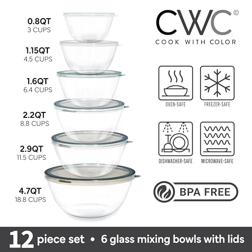COOK WITH COLOR 12 Pc Glass Mixing Bowl Set with Lids – Borosilicate Glass Nesting Bowls for Cooking, Baking and Meal Prep, Gray by COOK WITH COLOR - Used condition - Image 2