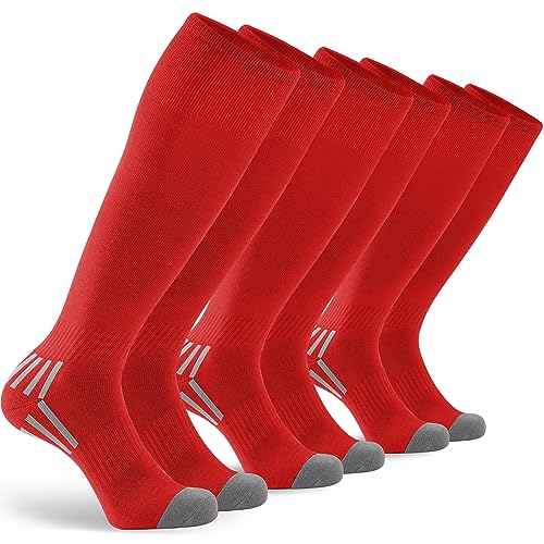 GRAPMKTG 3 Pack Soccer Baseball Softball Socks for Youth Women and Men Knee High Football Socks for Boys Girls Red Medium