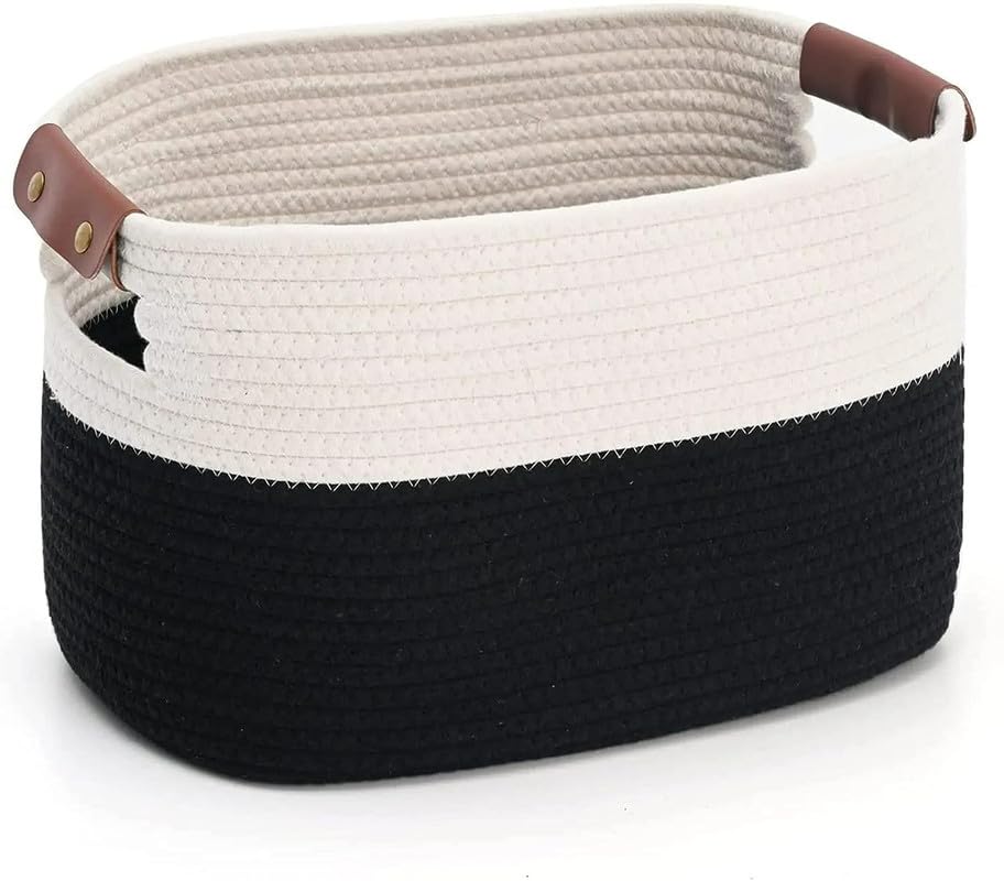 FIASCO Cotton Storage Gift Basket, Rectangle case for Closet, Handwoven Eco-Friendly Foldable Storage Basket Bins Organizer Planter Pots (12X8X8,) Black and white