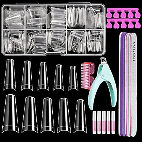 Clear Acrylic Nail Tips, Zeberine 500Pcs Coffin Half Cover False Nails Ballerina Shaped Fake Nails with Nail Tools for Nail Salons and DIY Nail Art (10 Sizes) Cover
