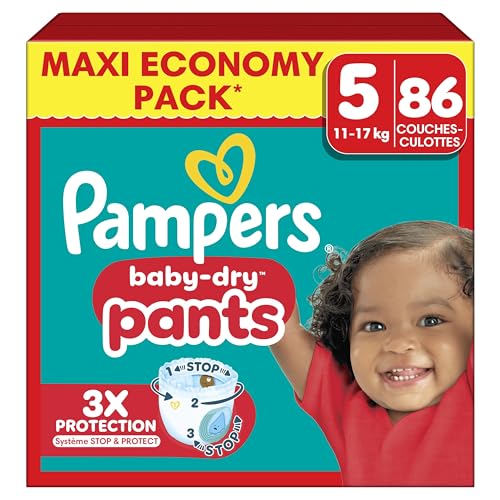 Pampers Baby-Dry Pants Taille 5, 86 Couches-Culottes, 11kg-17kg, Maintien 360° Pour Aider À Éviter Les Bâillements et Les Fuites