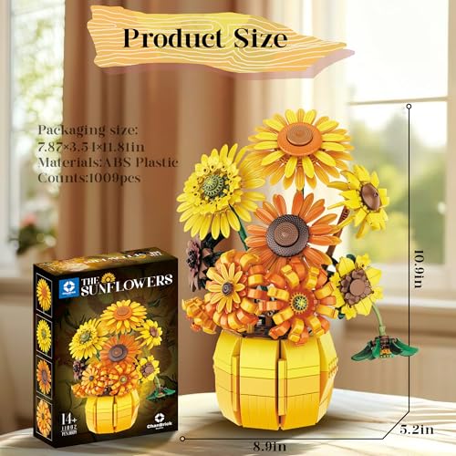 Sunflower Building Set Flowers with Vase Botanical Collection for Adult -1009pcs Compatible with Lego2