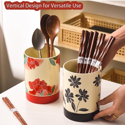Retro Ceramic Kitchen Utensil Holder - Stylish Countertop Organizer for Spoons, Chopsticks, and Flatware Storage - Red Cooking Tool Crock Vase