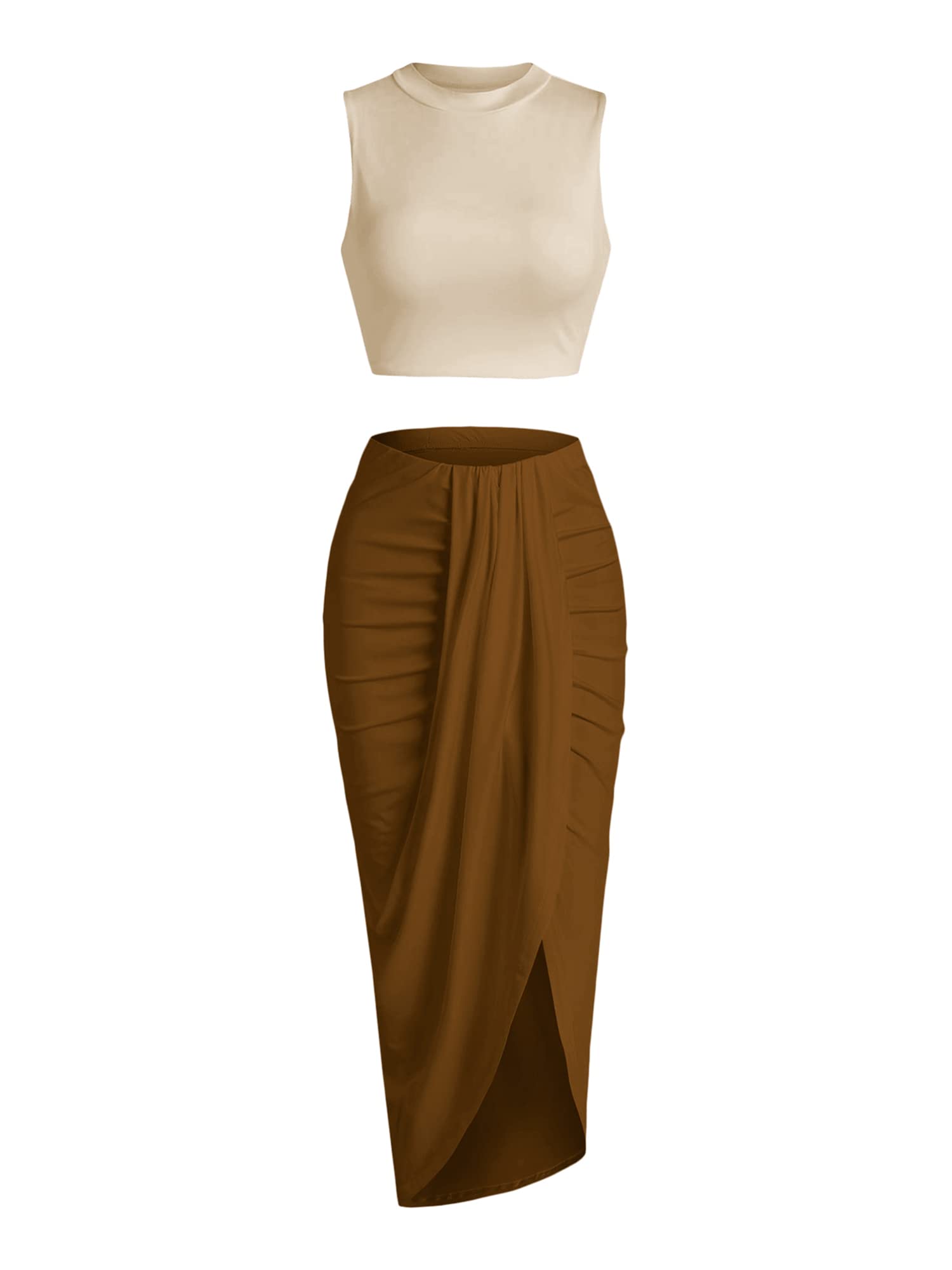 ZAFUL Womens Casual Sleeveless Summer Two Piece Outfits Crop Top and Side Split Draped Ruched Maxi Skirt Set