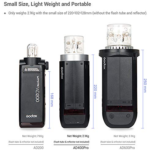Ficha técnica Godox AD400 Pro Flash estroboscópico para exteriores todo en uno con potencia de 400 W, batería de litio 21,6 V/2600 mAh que ofrece 390 pop de potencia completa, compatible con cámaras réflex. - Fernando Cortés