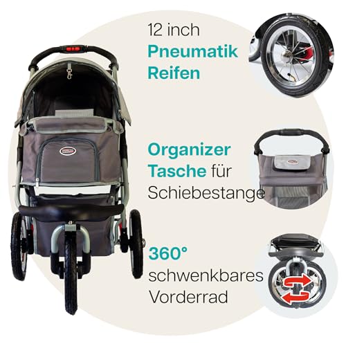 Innopet Comfort Air Eco Grauer Hundebuggy Katzenbuggy - Leichter Hundewagen mit 30cm Luftreifen - Einhändig faltbar - für alle Untergründe und im Gelände - recycelter Nylonstoff