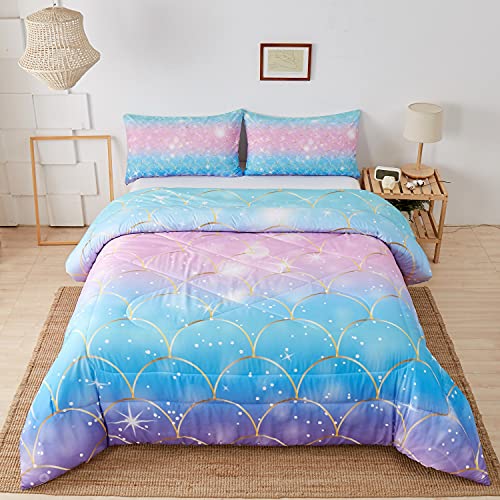 Image of Mermaid Fish Scales Bedding Comforter Set, Magical Colorful Seamless Pattern with Fish Scale net,Pink Blue Gold Colorful Mermaid Skin Surface,Comforter Sets with 2 Pillow Shams,Twin Size