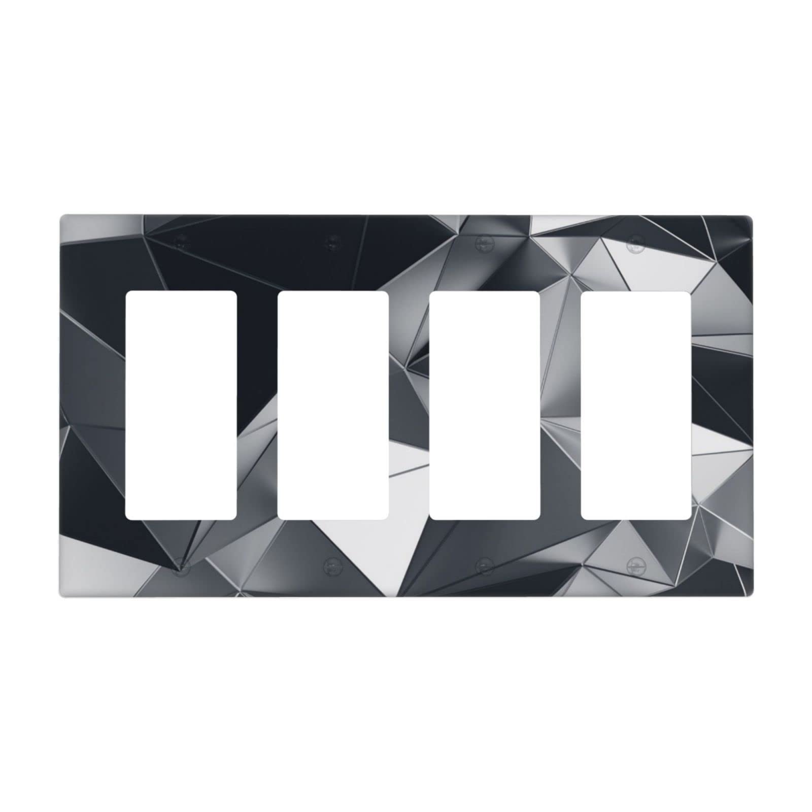 Modern Abstract 3D Diamond Print Quad Rocker Light Switch Cover Decorative Art Wall Plate 4 Gang Lightswitch Plates Bathroom Bedroom Electrical Faceplate 4.50 X 8.00 Inch Black Silver Grey