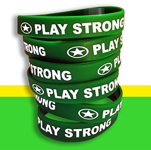 Play Strong Motivational Wristband Bracelets (Green, 6-Pack, Classic 1/2 x 7 Youth Size) Durable Silicone Bracelets, Team Coach Athlete Motivation #AllProfitsToHelpKids