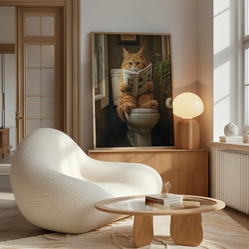 Image of Cat 3 on Toilet Wood Framed Wall Art Print Poster, Dog Bathroom Humor Decor Posters Prints for Restroom Home Picture Painting Artwork Gallery 7 (Cat 3, 11 inchW x 14 inchL, Wood Frame)