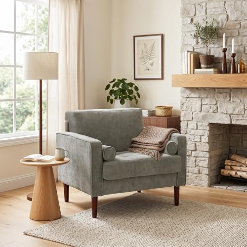 Image of Accent Chairs Stet of 2, Chenille Upholstered Armchairs for Living Room, Comfy Single Sofa Bedroom Reading Seat with 2 Bolster Pillows, Taupe