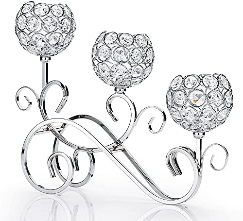 OwnMy 3 Arms Crystal Bowl Tealight Holder Candelabra Candle Holders, Crystal Votive Candle Stand Ornament Tea Light Candlestick Candle Centerpieces for Dining Table Home Decoration Wedding (Silver)