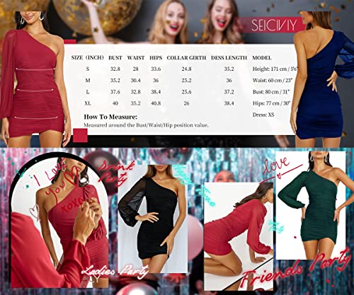 Seiciviy One Shoulder Dresses For Women 2023 Mini Dress Ruched Lantern Sleeve Sexy Night Out Club Party Dresses Dark Green #TOP5
