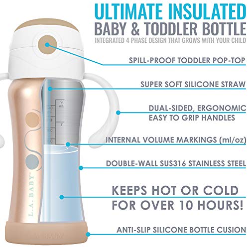 Ultimate 9Oz Stainless Steel Baby Bottle, Sippy Cup, & Insulated Toddler Water Bottle With Straw | All-In-1 Kit | Insulate 10+ Hours | Non-Toxic Food-Grade Stainless Steel | Spill-Proof - Rose Gold #TOP5