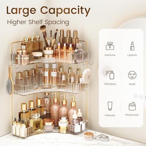 Image of Corner Bathroom Counter Organizer 3-Tier Bathroom Organizer Countertop with Hooks Perfume Organizers Storage Shelf for Makeup & Skincare Dresser-Clear