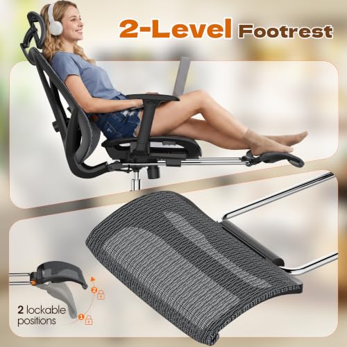 Image of GABRYLLY Ergonomic Office Chair with Adjustable Lumbar Support, 3D Armrests & Headrest, 135 Reclining Chair with Footrest & Large Steel Base,300LBS Swivel Desk Chair - GYMN01-DG