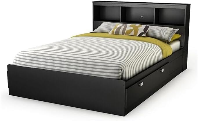 Maykoosh HomeStock Southwestern Style Bookcase Headboard - 56" W x 8.5" H, Pure Black Finish, Bed Frame Mountable with Storage Feature, Engineered Wood Finish
