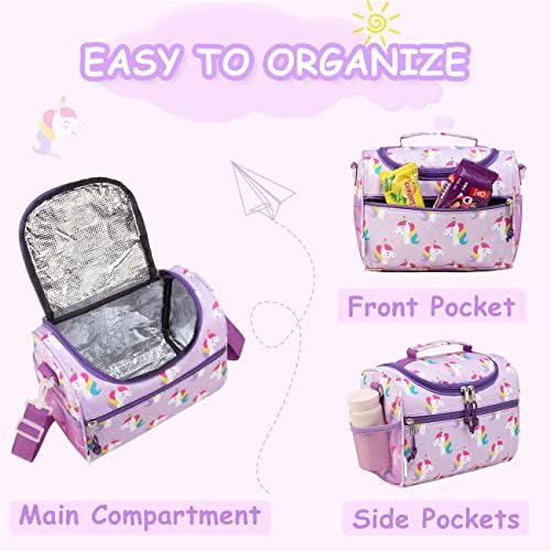 RAVUO Unicorn Lunch Bag for Girl, Insulated Cute Lunch Box for Kids Reusable Lunchbag Tote with Detachable Shoulder Strap Purple