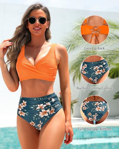 Yonique Women's Two Piece High Waisted Bikini Set Tummy Control Swimsuit Full Coverage Bathing Suit2