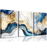 3Pcs Blue Gold Marble Canvas Wall Art Abstract Blue Gold White Wall Decor Pictures Modern Paintin...