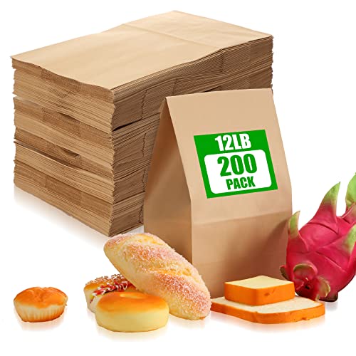 200 Pcs 12 lb Paper Bags Large Lunch Bags Bulk Brown Paper Bags Kraft Paper Treat Bags for Snack Candy Snack Lunch Party Favor Popcorn Lunch Gift Wrapping Bag