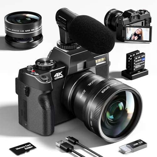 4K digital camera with a large lens and microphone, showcasing accessories like memory cards and USB cables, relevant for photography and vlogging reviews.
