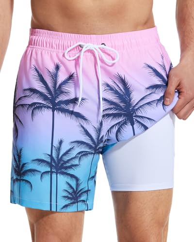 SILKWORLD Mens Swim Trunks with Compression Liner 5.5 Inseam Bathing Suit with Zipper Pockets, Pink Blue Coconut Tree, X-Large