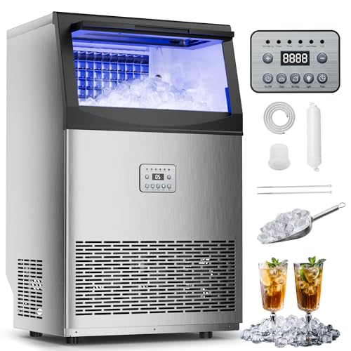 Image of Mountman Commercial Ice Maker,110 lbs/24H,Stainless Steel Ice Machine with 33 lbs Storage Capacity,50 Cubes in 14 Mins,Water Filter,Under Counter/Freestanding Ice Makers for Home,Restaurant,Bar,Cafe