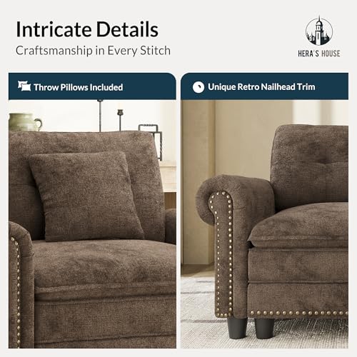 Image of HERA'S HOUSE Modular Sectional Sofa Set for Living Room 3-Piece Deep Seats | Mid-Century Modern 6-Seater Cloud Sofa Set, Grayish Brown, Rolled Arms & Nailhead Trim, Wider Seats, Chenille Furniture Set