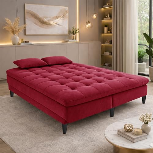 Image of Modern 3 Seater Sofa Cum Bed | Tufted Backrest | Velevt Fabric Upholstery | Living Room Furniture-Red