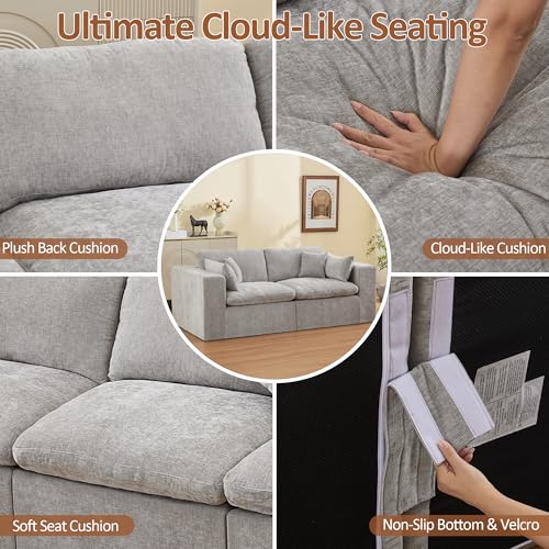 Image of 83''Cloud Boneless Sectional Couch, Modular Sectional Sofa Deep Seat, Upholstered Convertible Comfy Loveseat Chenille Memory Foam Sofa Couches for Living Room, Light Grey