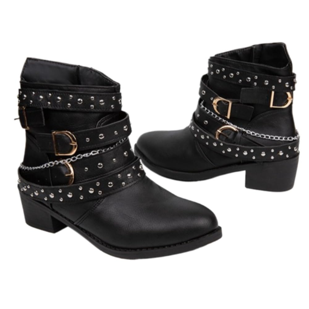 Faithgee Womens Fashion Chain Belt Decorated Heels Boots Casual Pointed Toe Zipper Design Boots for Fall Winter Female