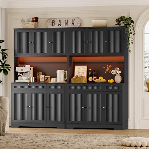 Image of BORNOON Pantry Cabinet with Charging Station and Light, Tall Kitchen Pantry Storage Cabinet with Microwave Stand, Wide Fluted Kitchen Hutch with Storage Drawers and Adjustable Shelves for Dining Room