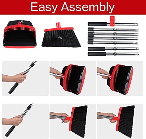 Large Broom And Dustpan, Broom And Dustpan Set, Heavy Duty Dust Pan With 55" Long Handle Upright Dustpan Broom Set, Broom For Indoor Outdoor Garage Kitchen Room Office Lobby Use ( Black And Red ) #TOP7