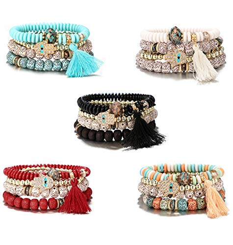 idealway 5 Sets Bohemian Stackable Bead Bracelets for Women Stretch Multilayered Charm Statement Bracelet Set Multicolor Jewelry