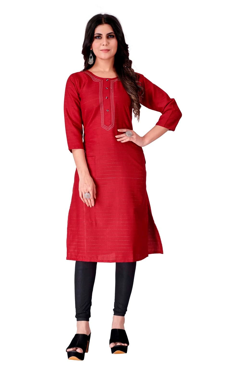 Drashti VillaWomen's Straight A-Line Solid Plain Fully Stitched Cotton 3/4 Sleeve Kurtie for Girl's