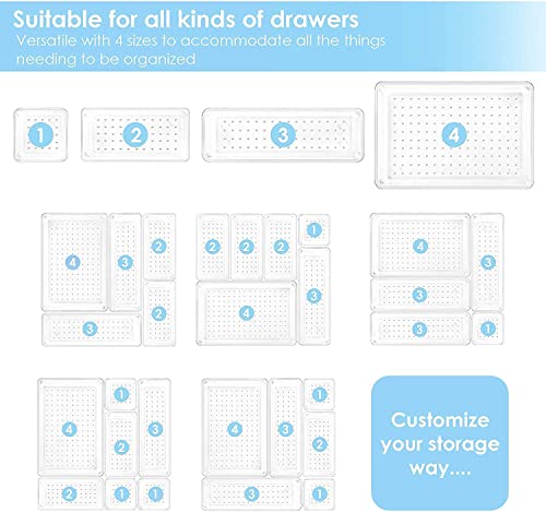Image of Zollyss 25 Pcs Desk Drawer Organizers Trays Set Clear Plastic Storage Bins Bathroom Drawer Tray Dividers Vanity Trays Organizer for Bedroom Dresser Makeup Kitchen Utensil Office