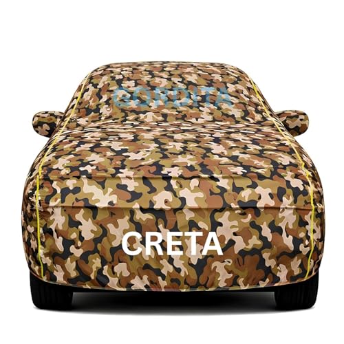 Image of Waterproof Car Body Cover for Creta All Weather Protection Comes with Inner Cotton Lining & Triple Stitched with Mirror & Antenna Pocket Belt & Elastic Fit Army with Yellow Piping2