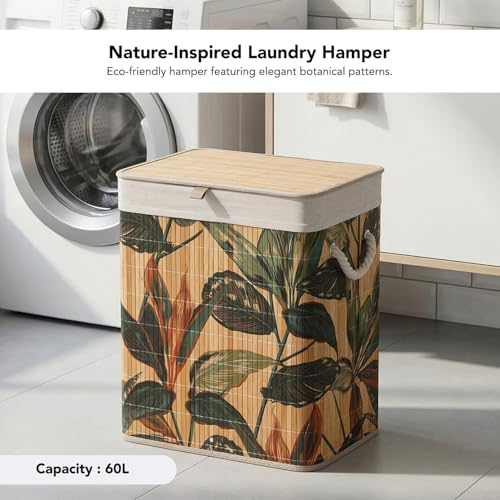 Image of Kura by Ekhasa Leaf Laundry Basket with Lid 60L, Bamboo Laundry Basket for Clothes, Foldable Laundry Hamper Basket with Removable Laundry Bag for Bedroom Bathroom Clothes Storage