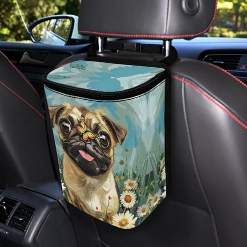 Image of Talayituse Pug Dog Daisy Butterfly Print Car Trash Can with Adjustable Straps, Foldable Car Trash Bag Bin Car Garbage Bag Multipurpose Storage Box for Vehicle Travel Camping Picnicing