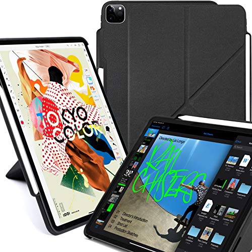KHOMO iPad Case Pro 11 Case 2nd Generation 2020 with Pencil Holder - Dual Origami Series - Horizontal and Vertical Stand - Supports Apple Pen Charging - Charcoal Black (KHO-1682)