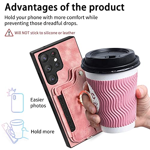 Funda con soporte de anillo para Samsung S20 Plus anticaídas con tarjetero de cuero rosa 5