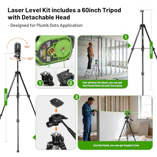 Image of Laser Level with Tripod 60 Inch, Huepar Self Leveling Laser Level with 2 Plumb Dots -Green Cross Line Laser Leveler Tool with 360 Horizontal and 140 Vertical Line for Construction & Home Use 621CGT
