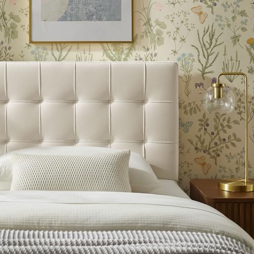 Image of Modway Lily Twin Size Stain-Resistant Performance Velvet Headboard in Alabaster - Velvet Upholstery with Button Tufting and 4 Adjustable Height Positions