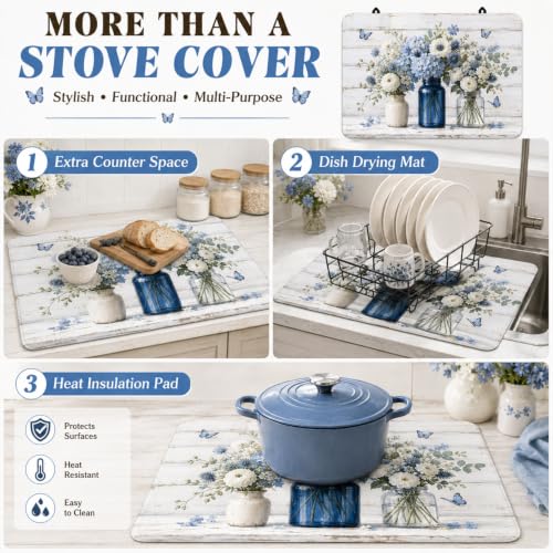 Image of Blue White Floral Stove Top Cover,28x20 Inch,Rubber Glass Cooktop Protector
