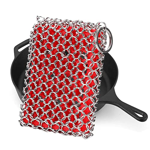 Image of Efaithtek Cast Iron Skillet Cleaner, 316 Stainless Steel Chainmail Scrubber with Silicone Insert for Cast Iron, Grill, Pie Pan, Casserole Dishes
