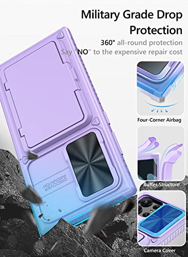Vihibii For Samsung Galaxy S23 Ultra Case With Slide Camera Protection Cover, Built-In Card Holder (4 Cards) & Kickstand, Shockproof Rugged Wallet Phone Case For Galaxy S23 Ultra 5G 6.8" 2023, Purple #TOP3